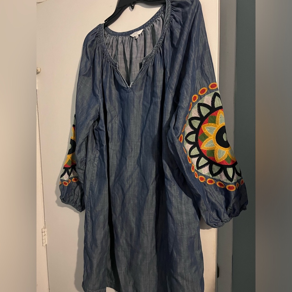 Crown and Ivy darker denim dress with embroidered sleeves